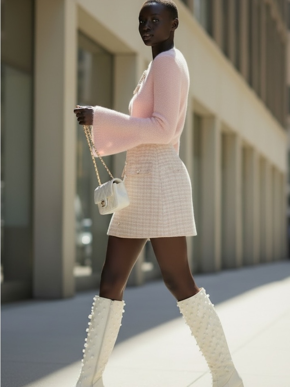 Pink and White Bouclé Mini Skirt - Elegant Tweed A-Line - Picture 2 of 4